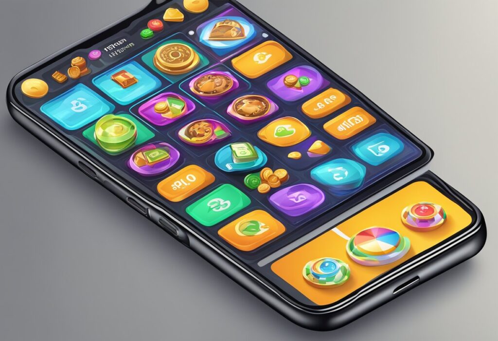 A smartphone displaying the Uptown Pokies app with colorful game icons and a sleek interface